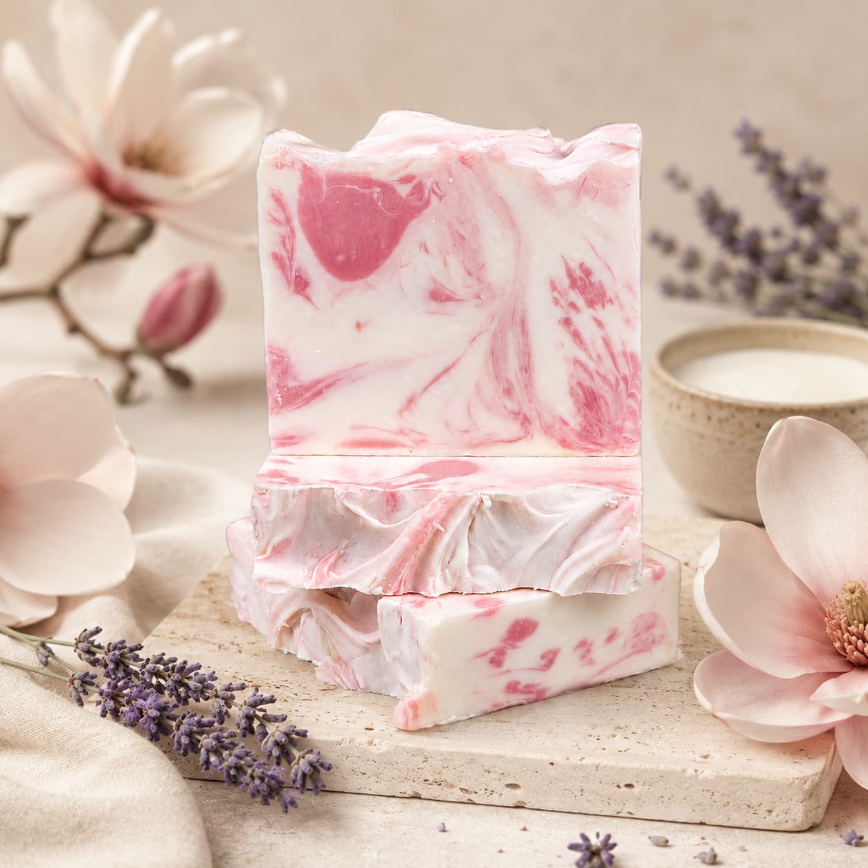 Two Magnolia + Lavender Handmade Coconut Milk Artisan Soap bars from Jarhead Aromatics, featuring a pink and white marbled design, are stacked on a stone tray. They are surrounded by sprigs of lavender, magnolia flowers, and a small bowl, creating a soft and natural aesthetic.
