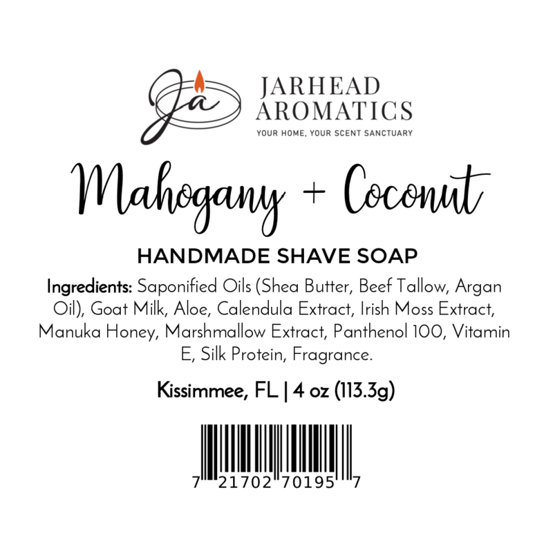 Label for Jarhead Aromatics Mahogany + Coconut Handmade Shave Soap | Beef Tallow & Goat Milk Shaving Soap. Includes ingredients, product weight (4 oz/113.3g), barcode, and logo. Handmade in Kissimmee, FL.