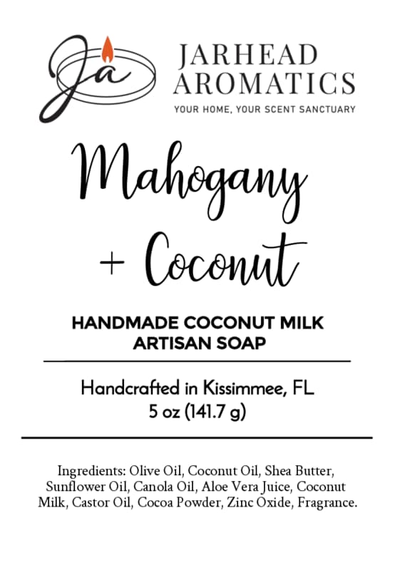 Label for Jarhead Aromatics Mahogany + Coconut Handmade Coconut Milk Artisan Soap, Warm Woods & Creamy Coconut Soap, 5 oz—this luxurious soap is handcrafted in Kissimmee, FL with creamy coconut milk. Ingredients and company logo are displayed.