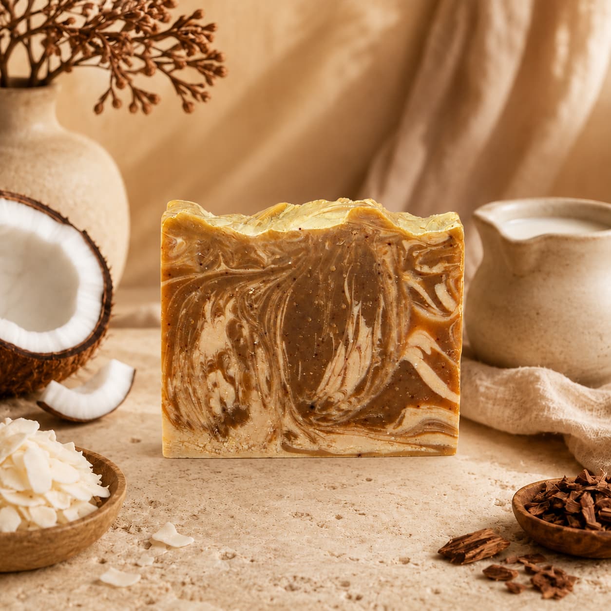 A handcrafted bar of Mahogany + Coconut Handmade Coconut Milk Artisan Soap by Jarhead Aromatics is displayed on a beige surface, surrounded by coconut pieces, coconut flakes, brown spices, and neutral-toned pottery with dried foliage in the background.