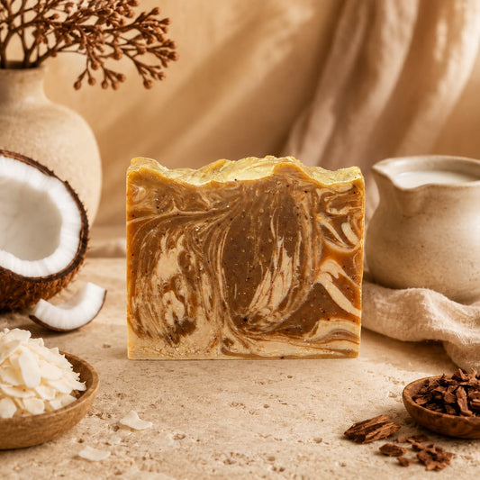 A handcrafted bar of Mahogany + Coconut Handmade Coconut Milk Artisan Soap by Jarhead Aromatics is displayed on a beige surface, surrounded by coconut pieces, coconut flakes, brown spices, and neutral-toned pottery with dried foliage in the background.
