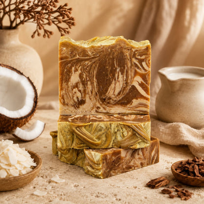 Three bars of Jarhead Aromatics Mahogany + Coconut Handmade Coconut Milk Artisan Soap, featuring warm woods and creamy coconut, are stacked on a beige surface and surrounded by coconut, soap flakes, spices, and ceramic vessels. Dried botanicals in the background enhance the luxurious appeal of this artisan soap collection.
