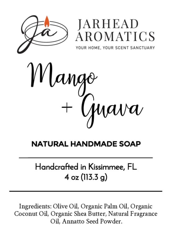 Product label for a Jarhead Aromatics Mango + Guava Natural Handmade Soap | Tropical Shea Butter Bar Soap, listing its ingredients and location of production.