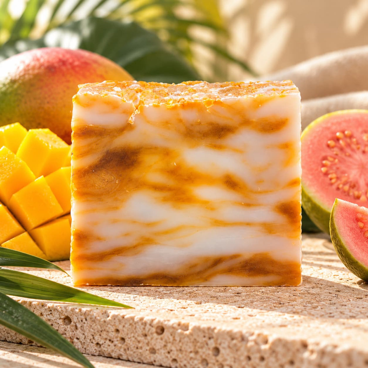 A rectangular bar of Mango + Guava Natural Handmade Soap by Jarhead Aromatics with orange and white swirls, displayed next to a sliced mango and sliced guavas.
