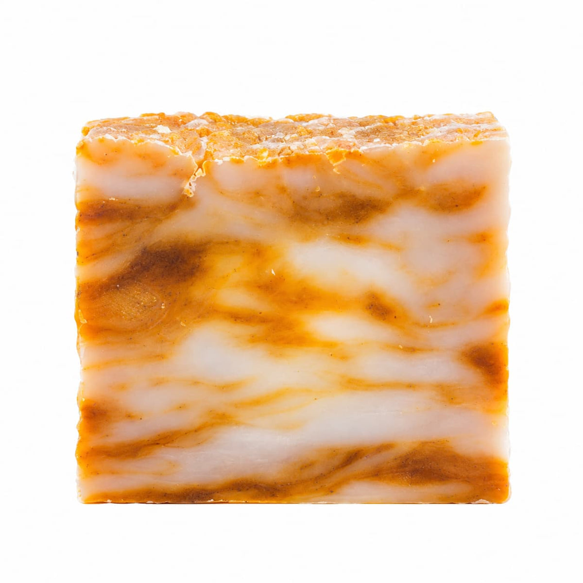 Rectangular bar of Mango + Guava Natural Handmade Soap by Jarhead Aromatics with marbled white and orange swirls.