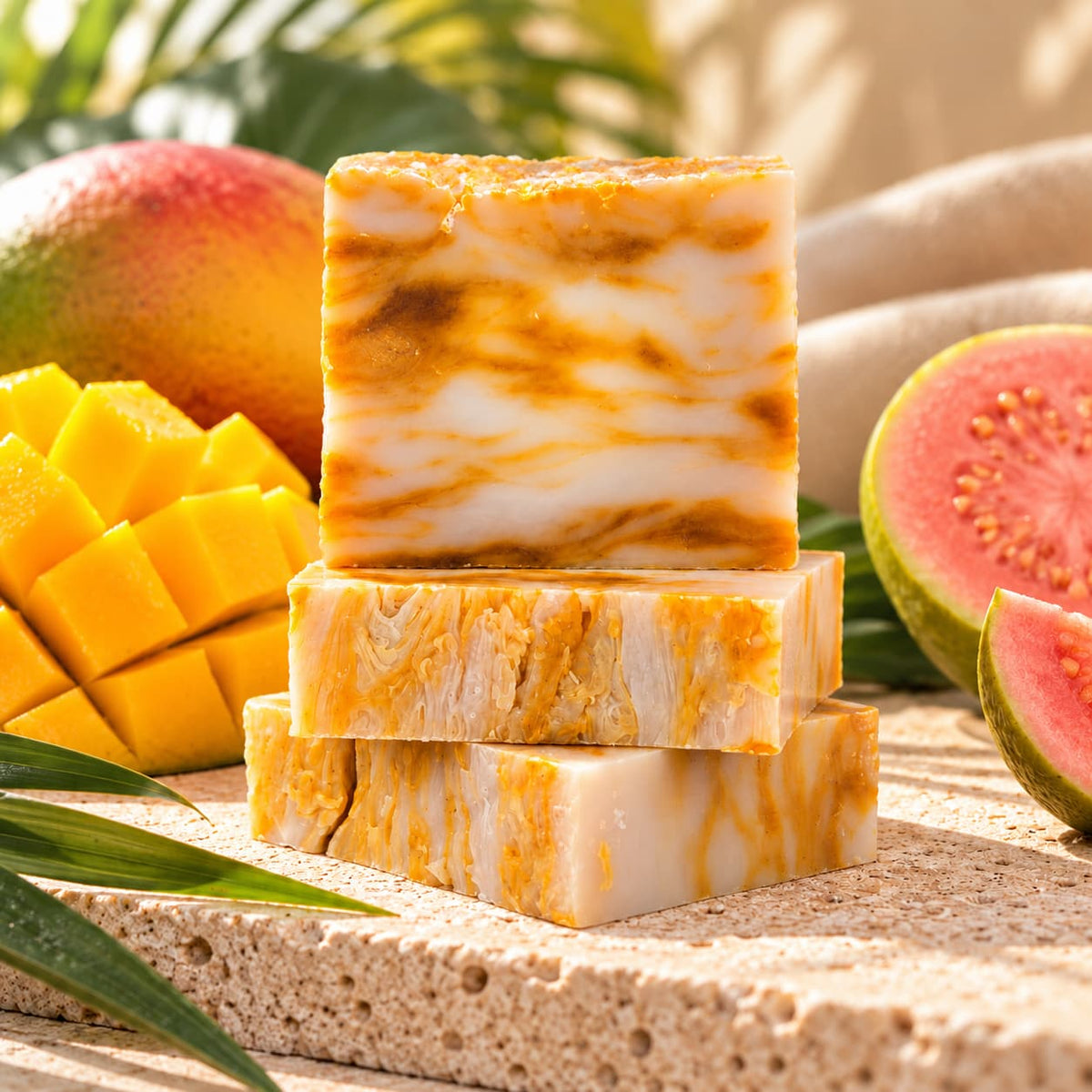 A stack of three Mango + Guava Natural Handmade Soap | Tropical Shea Butter Bar Soap bars surrounded by fresh mango slices and halved guavas.