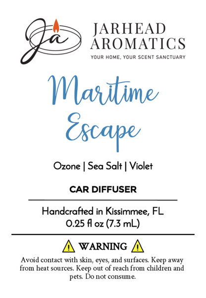 Jarhead Aromatics Maritime Escape Car Diffuser: 0.25 fl oz, made with natural essential oils in Kissimmee, FL. Features ozone, sea salt, violet, and citrus notes. Includes product details and safety warnings.