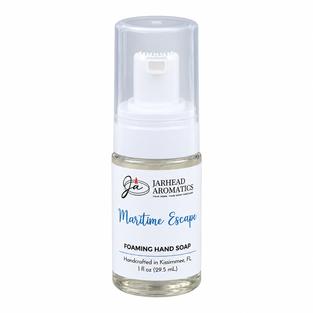 A travel-size bottle of Maritime Escape Handmade Foaming Hand Soap | Ozone, Sea Salt & Violet with a clear pump dispenser.