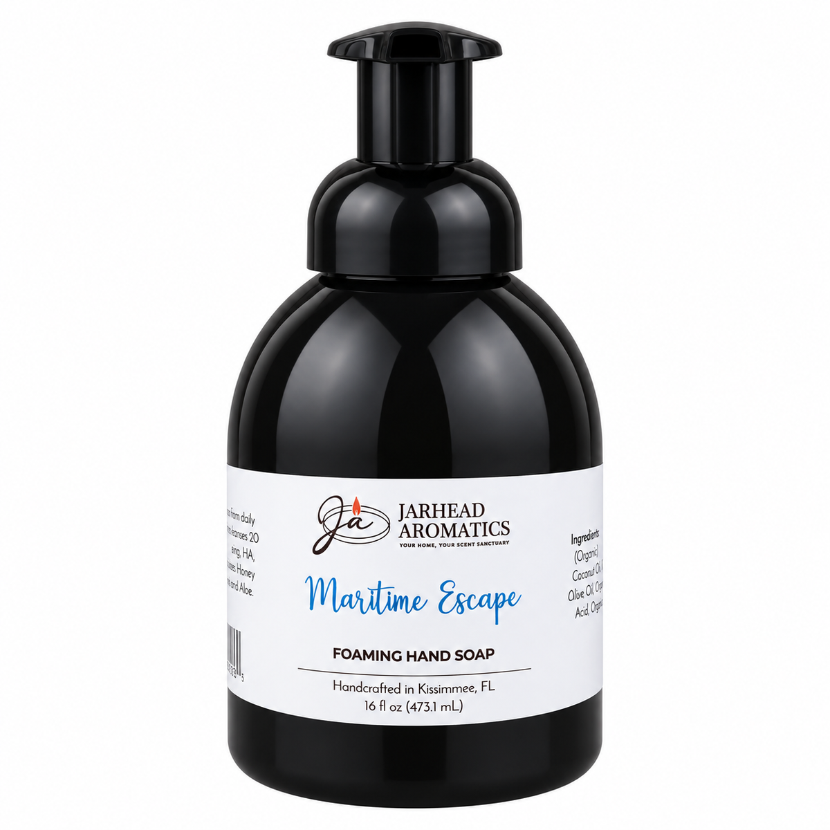 Black bottle of Maritime Escape Handmade Foaming Hand Soap | Ozone, Sea Salt & Violet with a pump dispenser and a white label featuring the product name and ingredient information.
