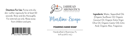Jarhead Aromatics Maritime Escape Foaming Hand Soap label displays directions, ingredients, brand logo, and product info on a white background with blue and black text.
