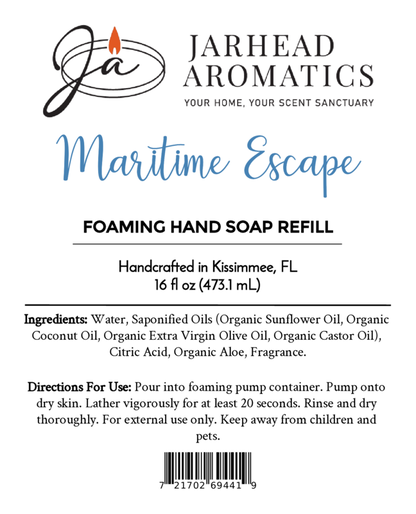 Label for Jarhead Aromatics Maritime Escape Foaming Hand Soap refill. Features ingredients, directions, warnings, barcode, logo, and "Handcrafted in Kissimmee, FL." Blue and black text on a white background.