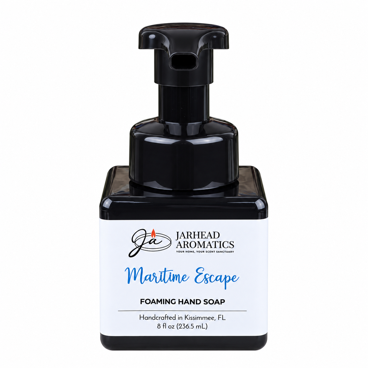 Square bottle of Jarhead Aromatics Maritime Escape Handmade Foaming Hand Soap with a black pump dispenser and a label featuring the text Maritime Escape.