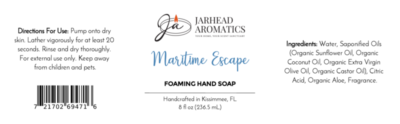 Maritime Escape Foaming Hand Soap by Jarhead Aromatics features directions, ingredients, barcode, logo, and product details on a white label with blue and black text.