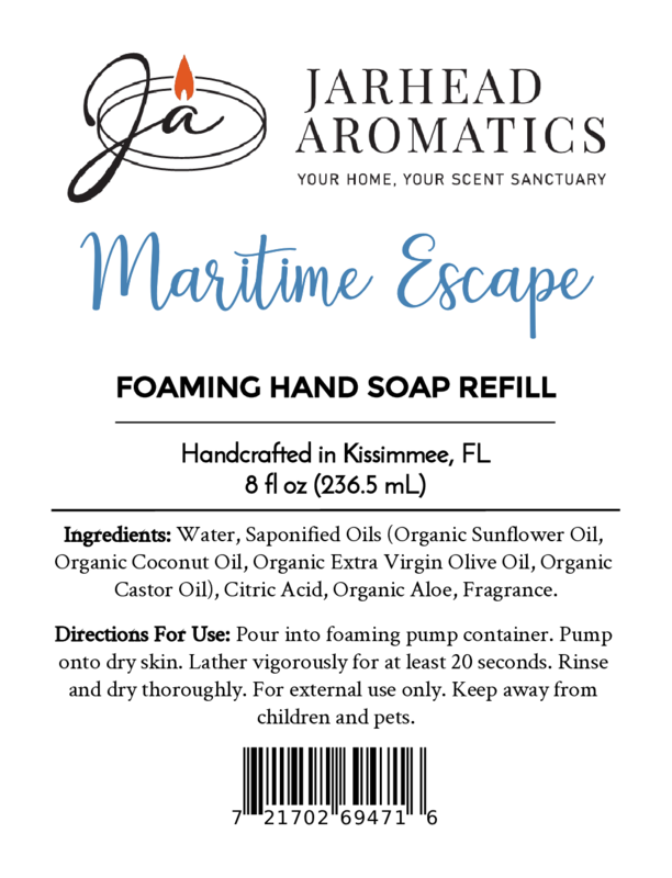 A white label for Jarhead Aromatics Maritime Escape Foaming Hand Soap, 8 fl oz refill, featuring product name, ingredients, directions for use, barcode, and brand logos.