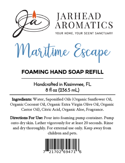 A white label for Jarhead Aromatics Maritime Escape Foaming Hand Soap, 8 fl oz refill, featuring product name, ingredients, directions for use, barcode, and brand logos.