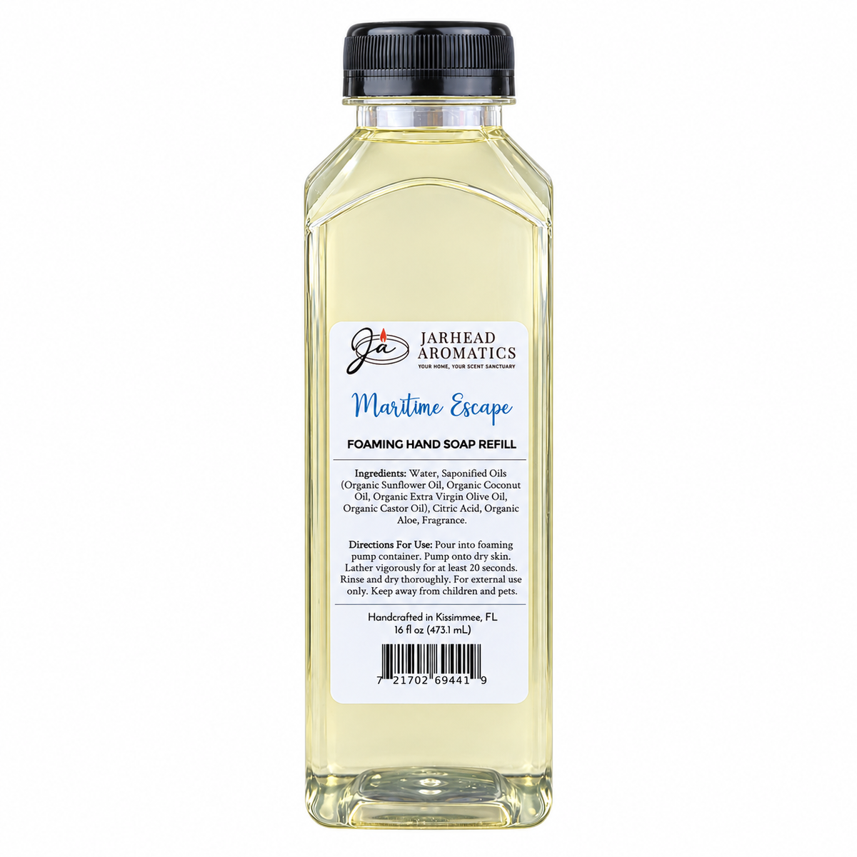 A tall, rectangular bottle of clear Maritime Escape Handmade Foaming Hand Soap | Ozone, Sea Salt & Violet refill, featuring a black cap and a white label with product details, ingredients, directions, and a barcode.