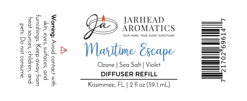 Jarhead Aromatics Maritime Escape Diffuser Refill—sea salt, ozone & cedar fragrance oil. 2 fl oz (59.1 mL). Avoid skin contact. Barcode on right. Made in Kissimmee, FL.