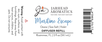 Jarhead Aromatics Maritime Escape Diffuser Refill—sea salt, ozone & cedar fragrance oil. 2 fl oz (59.1 mL). Avoid skin contact. Barcode on right. Made in Kissimmee, FL.