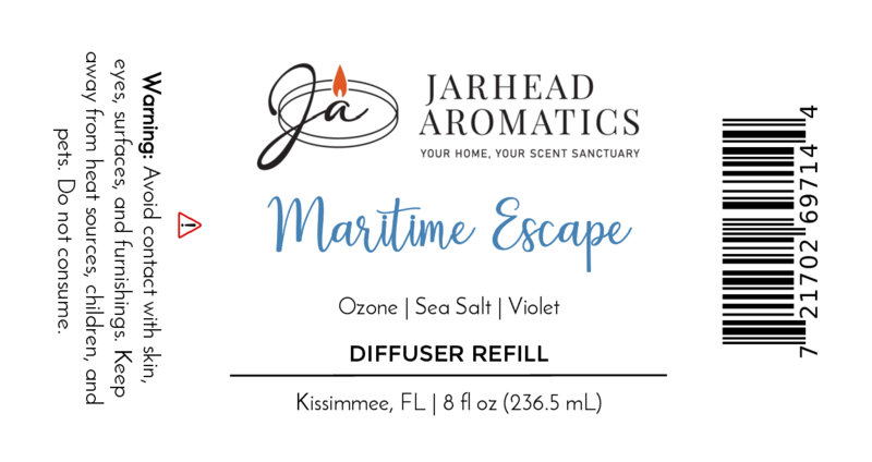 Jarhead Aromatics Maritime Escape Diffuser Refill—Sea Salt, Ozone & Cedar fragrance oil. Enjoy a coastal home scent. Avoid skin, eyes, surfaces; keep from children/pets. 8 fl oz (236.5 mL). Barcode is on the right.
