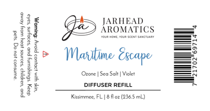 Jarhead Aromatics Maritime Escape Diffuser Refill—Sea Salt, Ozone & Cedar fragrance oil. Enjoy a coastal home scent. Avoid skin, eyes, surfaces; keep from children/pets. 8 fl oz (236.5 mL). Barcode is on the right.
