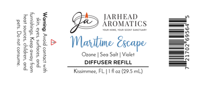 Jarhead Aromatics Maritime Escape Car Diffuser Refill—Ocean Breeze & Sea Salt scent. 1 fl oz (29.5 mL) bottle. Label includes warning, barcode, and company details.
