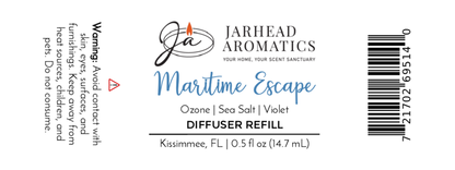 Jarhead Aromatics Maritime Escape Cold Air Diffuser Refill | Ocean Breeze & Sea Salt. Luxury diffuser oil refill, 0.5 fl oz (14.7 mL). Avoid contact with skin, eyes, and pets.