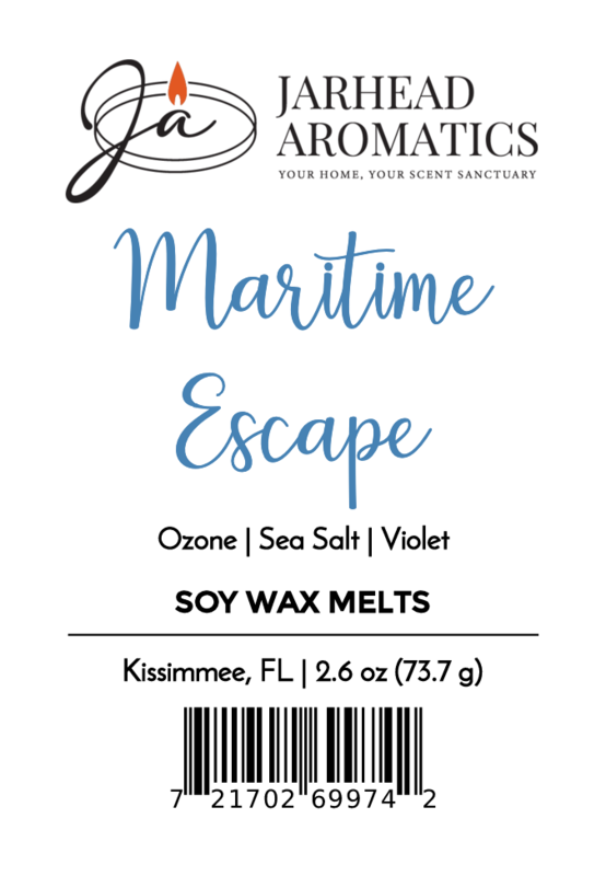 Jarhead Aromatics Maritime Escape Soy Wax Melt—Fresh Ocean Breeze & Sea Salt scent. Includes company logo, 2.6 oz weight, Kissimmee, FL location, and barcode at the bottom.