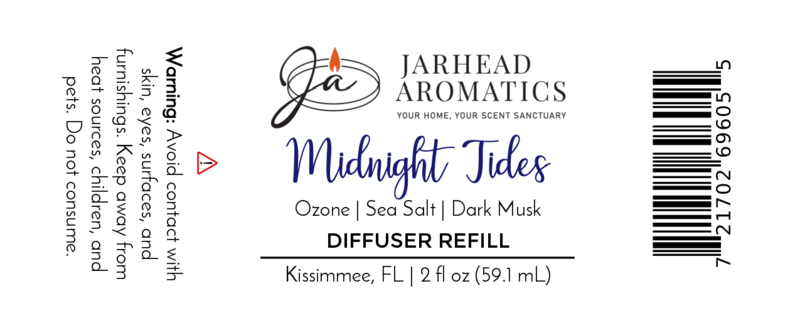 White product label for Jarhead Aromatics Midnight Tides Diffuser Refill, featuring a blend of Sea Salt, Dark Musk & Sandalwood. Includes warning, barcode. Size: 2 fl oz (59.1 mL). Based in Kissimmee, FL.