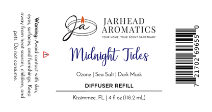 Jarhead Aromatics Midnight Tides Diffuser Refill | Sea Salt, Dark Musk & Sandalwood fragrance oil. Avoid skin contact. Keep from heat, children, and pets. 4 fl oz.