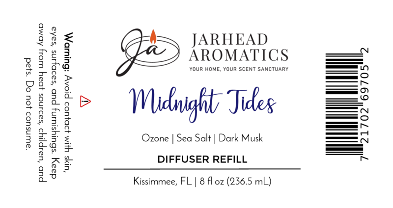Label for Jarhead Aromatics Midnight Tides Diffuser Refill—sea salt, dark musk & sandalwood home fragrance oil. 8 fl oz (236.5 mL) coastal refill. Includes warnings, barcode & company info.