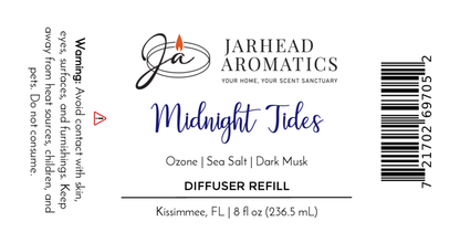 Label for Jarhead Aromatics Midnight Tides Diffuser Refill—sea salt, dark musk & sandalwood home fragrance oil. 8 fl oz (236.5 mL) coastal refill. Includes warnings, barcode & company info.