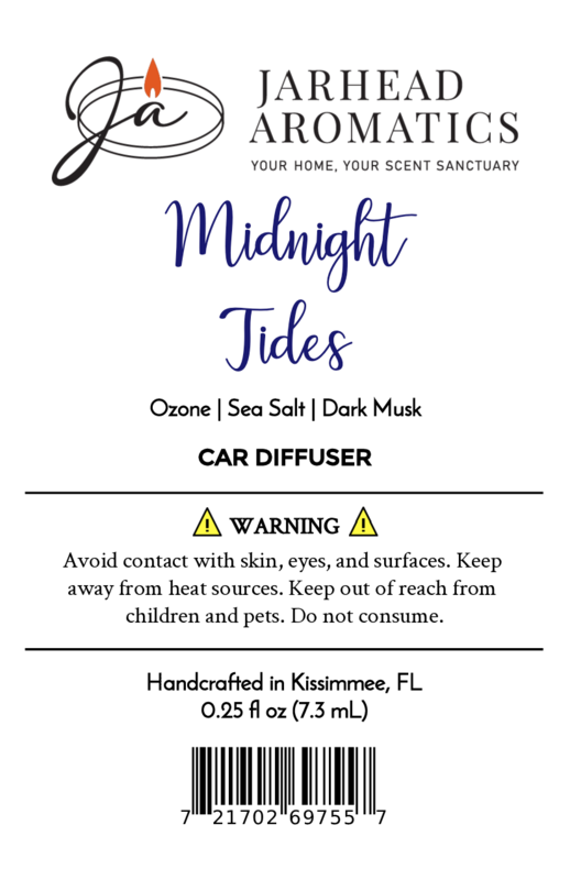 Label for the Midnight Tides Car Diffuser by Jarhead Aromatics—an ocean mist, dark musk & sandalwood car air freshener. Features safety warnings, product details, and barcode at the bottom.