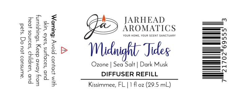Label for Jarhead Aromatics Midnight Tides Car Diffuser Refill | Ocean Musk & Sandalwood, featuring an oceanic scent with ozone, sea salt, dark musk, and sandalwood. 1 fl oz (29.5 mL), made in Kissimmee, FL. Warning: Avoid skin contact. Includes barcode.