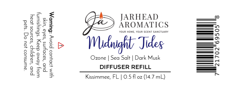 Jarhead Aromatics Midnight Tides Cold Air Diffuser Refill features sea salt and sandalwood in a 0.5 fl oz (14.7 mL) bottle. This luxury diffuser oil refill is ideal for cold air diffusers and includes product details, barcode, and warning info.