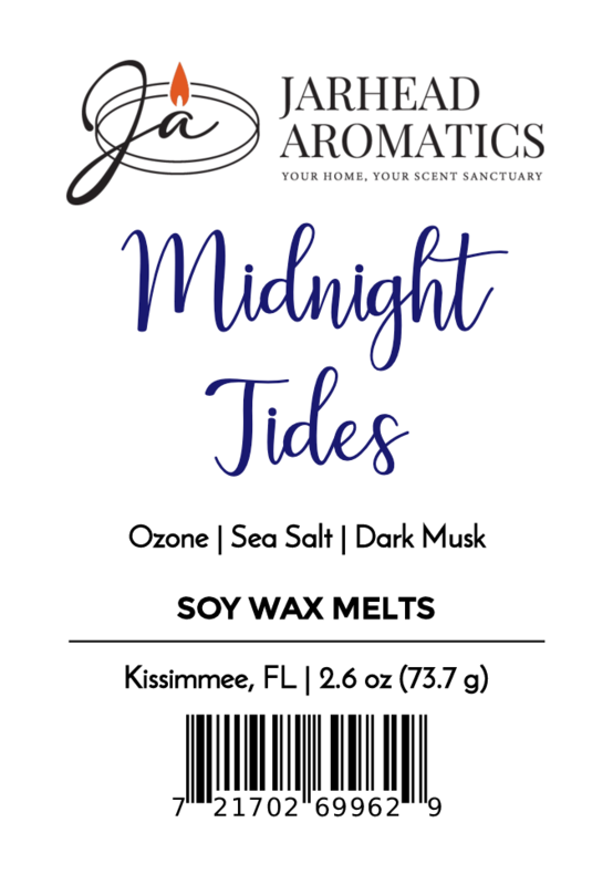 Label for Jarhead Aromatics Midnight Tides Soy Wax Melt—Dark Ocean Musk & Sandalwood. Enjoy a marine scent with ozone, sea salt, and musk. Handcrafted in Kissimmee, FL. Label includes barcode and full product details.