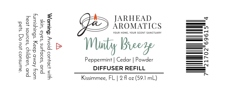 Jarhead Aromatics Minty Breeze Diffuser Refill label with a cool blend of peppermint, eucalyptus & vanilla. Includes warnings, 2 fl oz volume, company info, barcode. Text in black, green & orange.