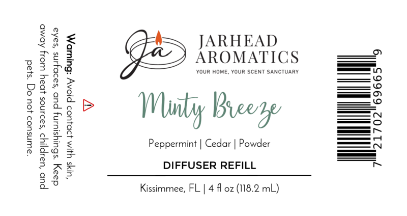 Jarhead Aromatics Minty Breeze Diffuser Refill – Peppermint, eucalyptus & vanilla fragrance oil. Includes contact warning, barcode, and Kissimmee, FL info. 4 fl oz (118.2 mL).