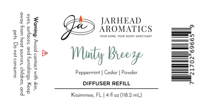 Jarhead Aromatics Minty Breeze Diffuser Refill – Peppermint, eucalyptus & vanilla fragrance oil. Includes contact warning, barcode, and Kissimmee, FL info. 4 fl oz (118.2 mL).