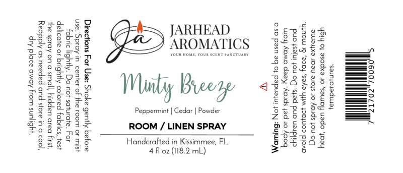 White product label for Jarhead Aromatics Minty Breeze Room & Linen Spray | Peppermint & Eucalyptus Spa Home Fragrance Spray. Black text with directions, warnings, barcode, handcrafted details, and candle logo at the top.