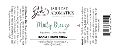 White product label for Jarhead Aromatics Minty Breeze Room & Linen Spray | Peppermint & Eucalyptus Spa Home Fragrance Spray. Black text with directions, warnings, barcode, handcrafted details, and candle logo at the top.