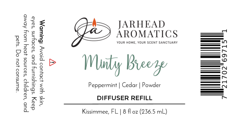 Jarhead Aromatics Minty Breeze Diffuser Refill: Spa-inspired peppermint, eucalyptus, and vanilla fragrance. Enjoy a refreshing aroma—avoid skin contact and keep away from heat sources, children, and pets.