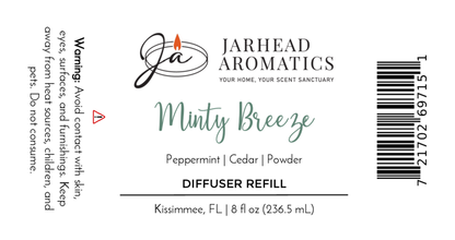 Jarhead Aromatics Minty Breeze Diffuser Refill: Spa-inspired peppermint, eucalyptus, and vanilla fragrance. Enjoy a refreshing aroma—avoid skin contact and keep away from heat sources, children, and pets.