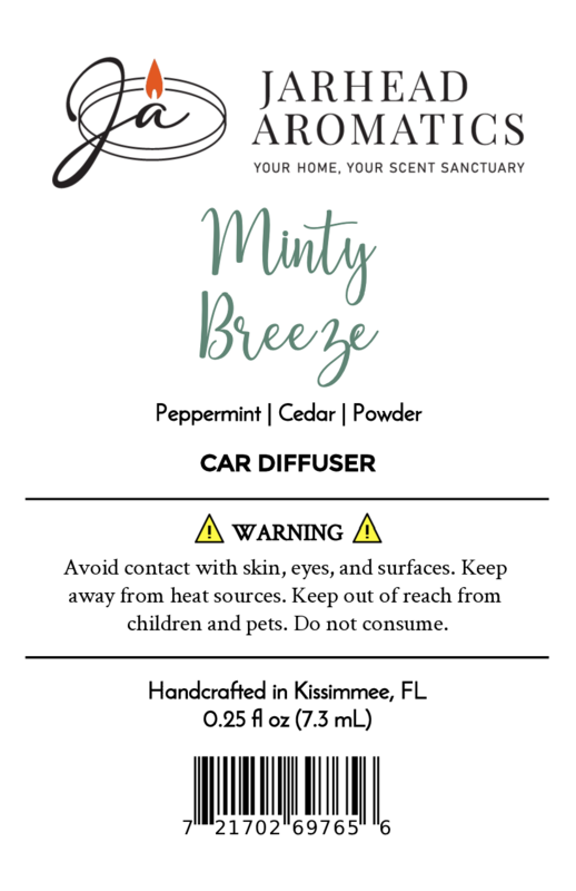 Label for Minty Breeze Car Diffuser | Peppermint & Eucalyptus Car Air Freshener by Jarhead Aromatics. Features a fresh scent, usage warnings, company info, and a barcode at the bottom.
