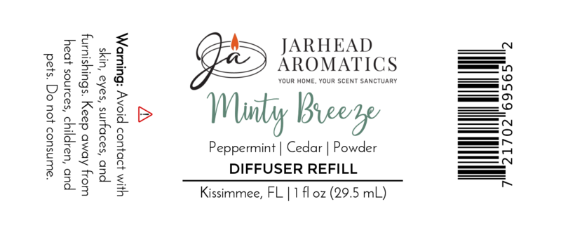 Minty Breeze Car Diffuser Refill by Jarhead Aromatics. Spa scent with peppermint & eucalyptus notes. Warning: avoid contact. Barcode included. Kissimmee, FL, 1 fl oz (29.5 mL).