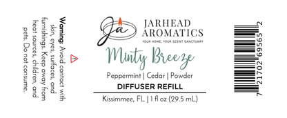 Minty Breeze Car Diffuser Refill by Jarhead Aromatics. Spa scent with peppermint & eucalyptus notes. Warning: avoid contact. Barcode included. Kissimmee, FL, 1 fl oz (29.5 mL).