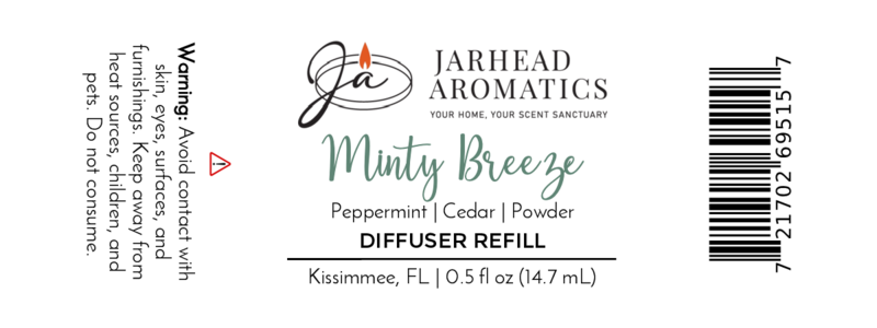 Jarhead Aromatics Minty Breeze Cold Air Diffuser Refill with peppermint, eucalyptus, cedar & powder spa scents. Avoid contact with skin, eyes & furnishings. Barcode located on right side.