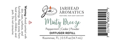 Jarhead Aromatics Minty Breeze Cold Air Diffuser Refill with peppermint, eucalyptus, cedar & powder spa scents. Avoid contact with skin, eyes & furnishings. Barcode located on right side.