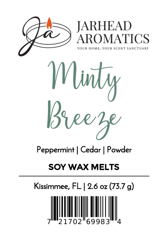 Product label for Jarhead Aromatics Minty Breeze Soy Wax Melt | Peppermint Eucalyptus Spa Wax Melts, with peppermint and eucalyptus scents, 2.6 oz, barcode, company logo, and Kissimmee, FL location for long-lasting home fragrance.