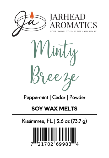 Product label for Jarhead Aromatics Minty Breeze Soy Wax Melt | Peppermint Eucalyptus Spa Wax Melts, with peppermint and eucalyptus scents, 2.6 oz, barcode, company logo, and Kissimmee, FL location for long-lasting home fragrance.