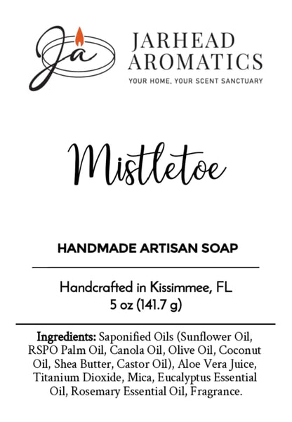 Product label for Mistletoe Handmade Artisan Soap | Eucalyptus & Rosemary Winter Soap by Jarhead Aromatics, listing eucalyptus and rosemary essential oils with a net weight of 5 oz.